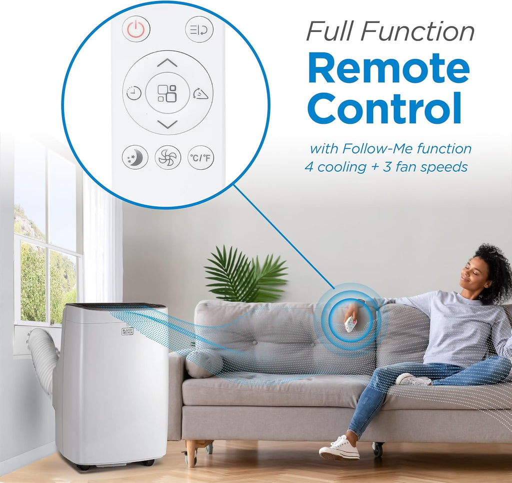 BLACK+DECKER Portable Air Conditioner. 9.000 BTU. White | 5.300 BTU SACC for Rooms up to 400 Sq. Ft.. 3-in-1 Portable AC. Fan and Dehum with Follow Me Remote Control and Window Kit